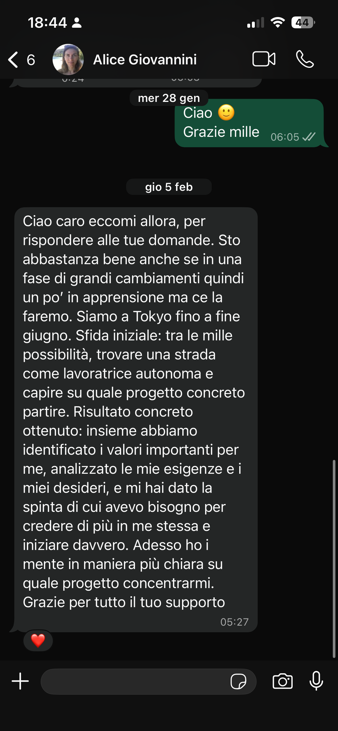 Messaggio di Alice Giovannini dopo il percorso di coaching