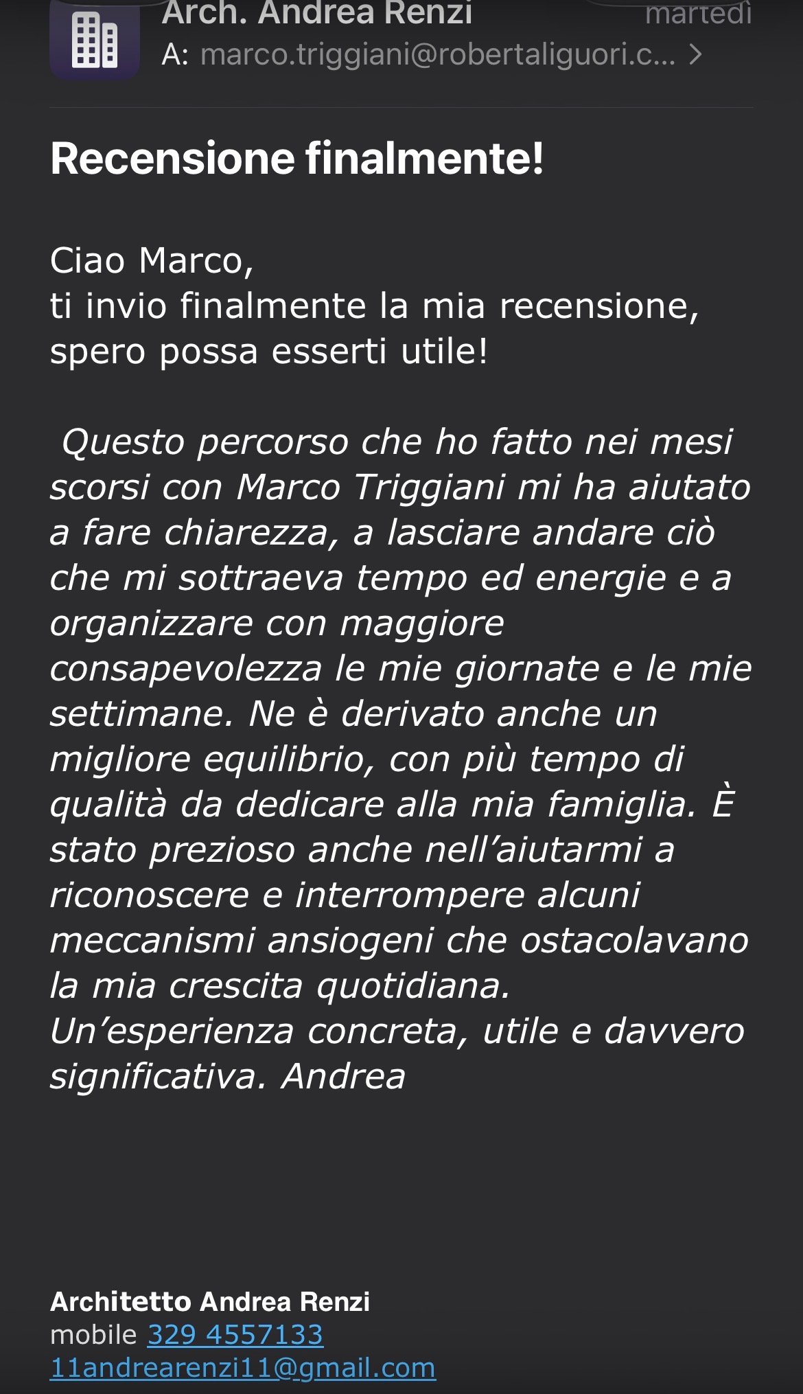 Messaggio di Andrea Renzi dopo il percorso di coaching