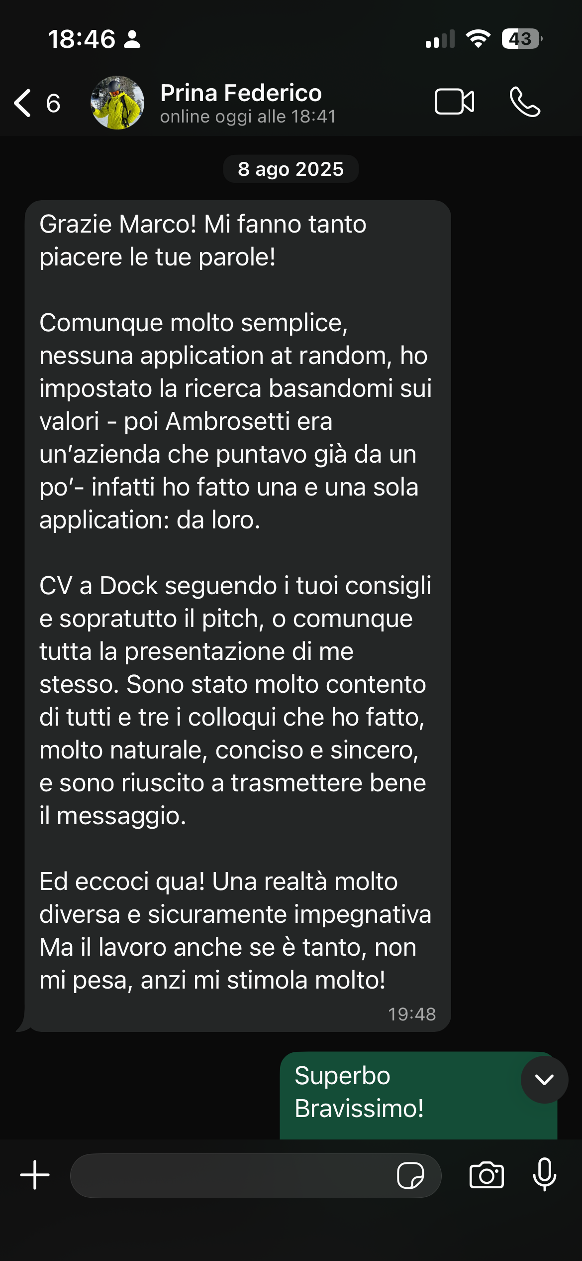 Messaggio di Federico Prina dopo il percorso di coaching