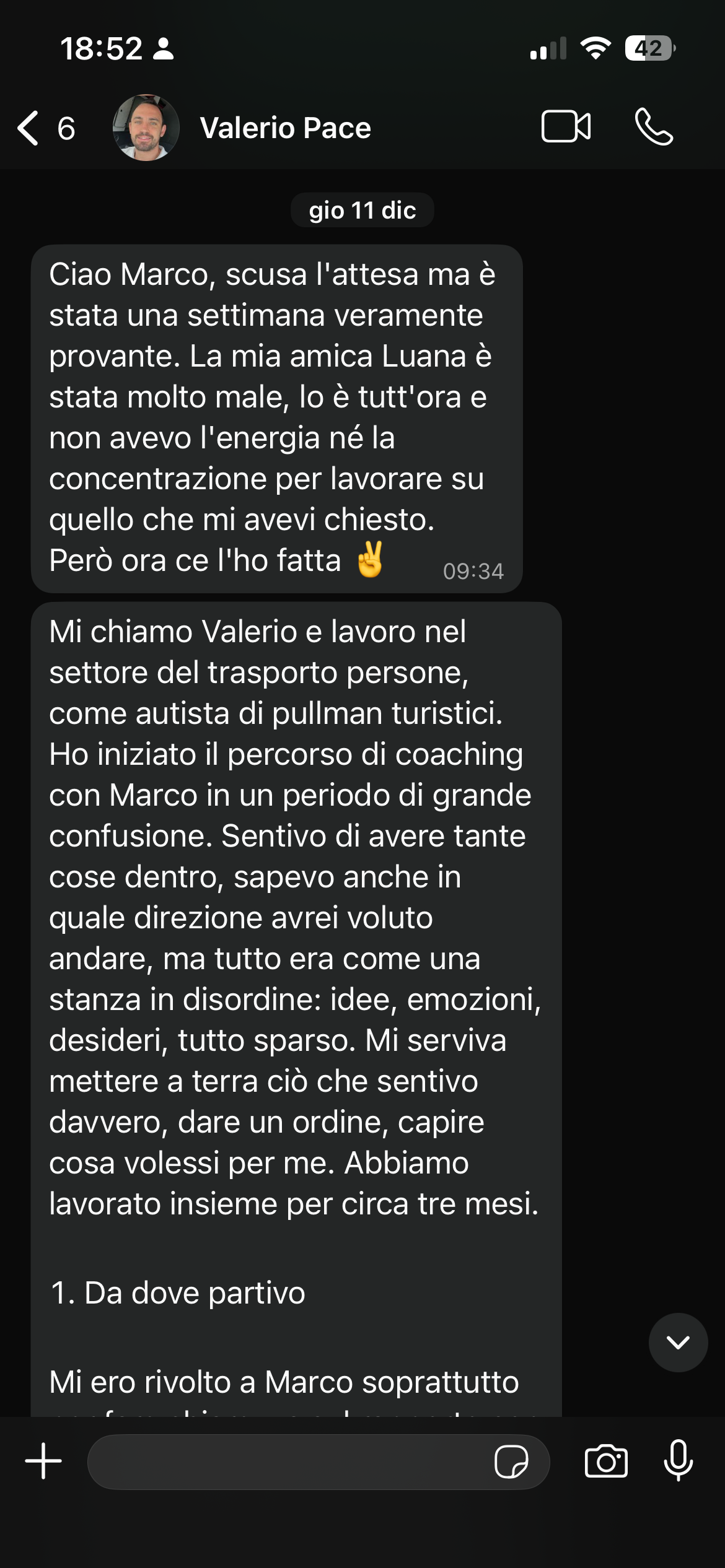 Messaggio di Valerio Pace dopo il percorso di coaching